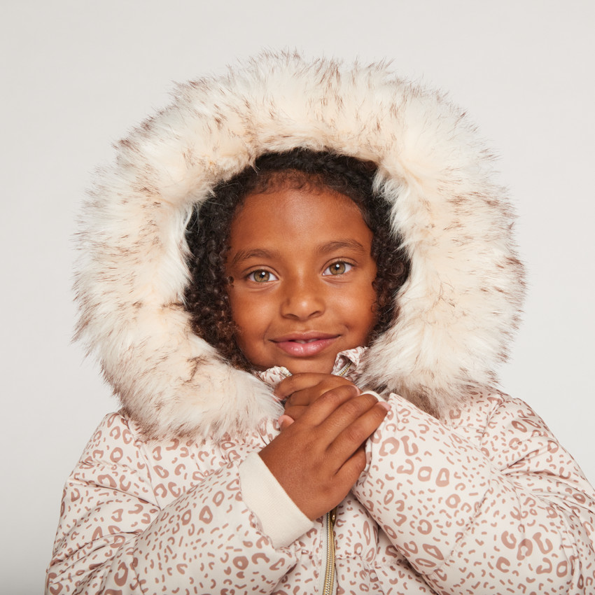 Doudoune longue en toile imprimée et doublure sherpa pour fille  
