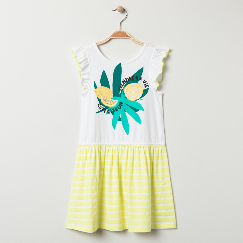 Robe manches courtes en coton à rayures et fruits printés 