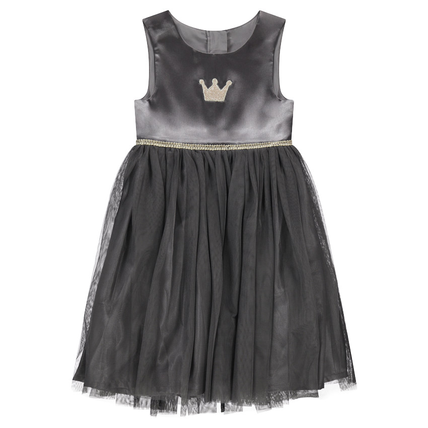 Robe grise sans manches bi-matière avec couronne brodée et galon doré 
