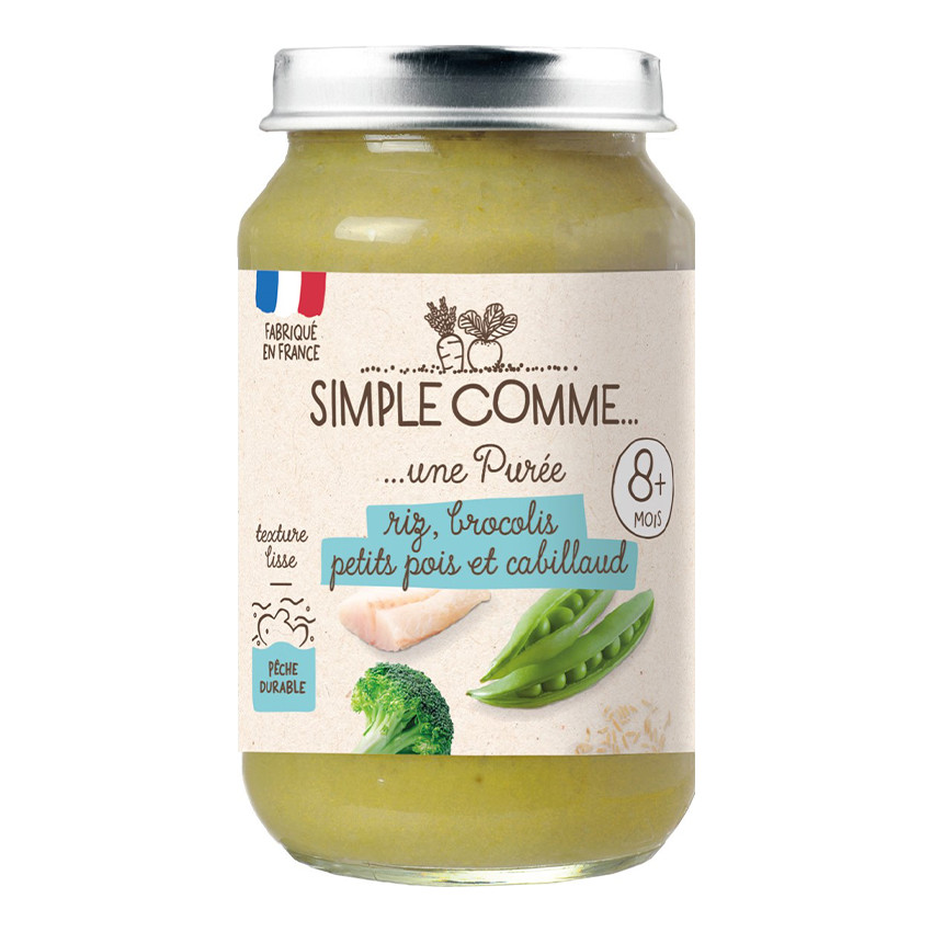 Petit pot riz, brocolis, petits pois et cabillaud bio 200 g 