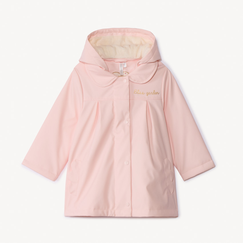 Parka gomme uni rose à capuche amovible pour bébé fille  