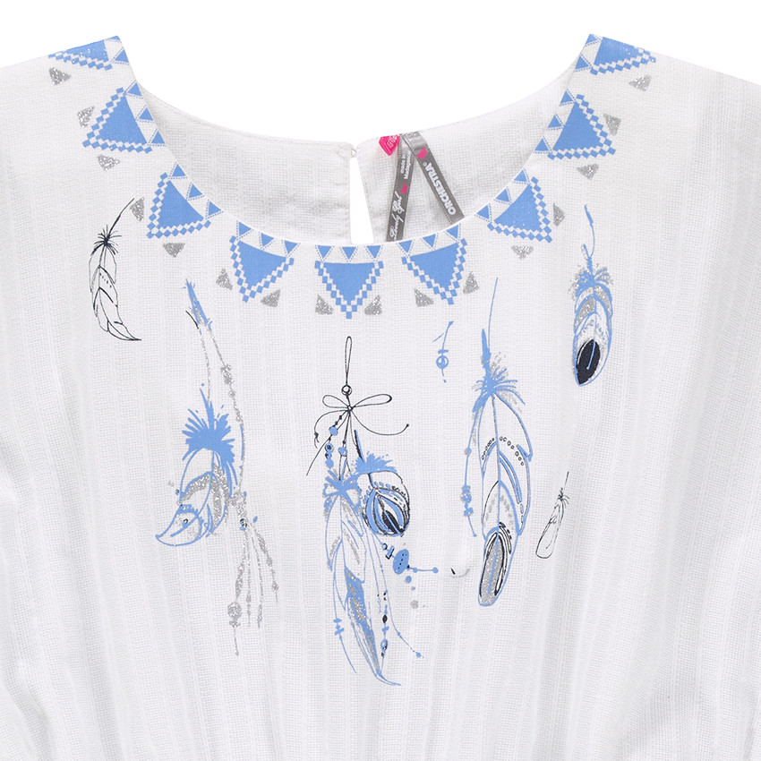 Junior - Tunique poncho en voile print plumes et lien à pompons 