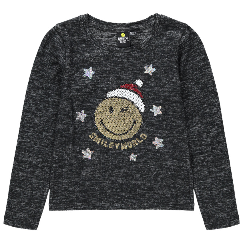 T-shirt manches longues en maille chinée avec SmileyWorld en sequins 