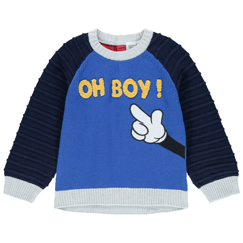 Pull en tricot bicolore avec inscription en bouclette et bras de Mickey Disney Main Pull en tricot bicolore avec inscription en bouclette et bras de Mickey Disney