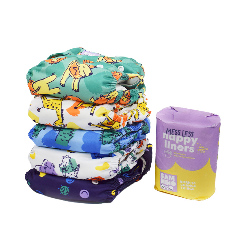 Pack d'essai 5 couches lavables avec boosters + 100 voiles Zéro Dégât