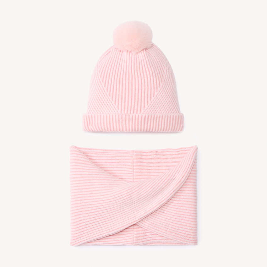 Set bonnet + snood tricot côte assortie doublé sherpa pour fille