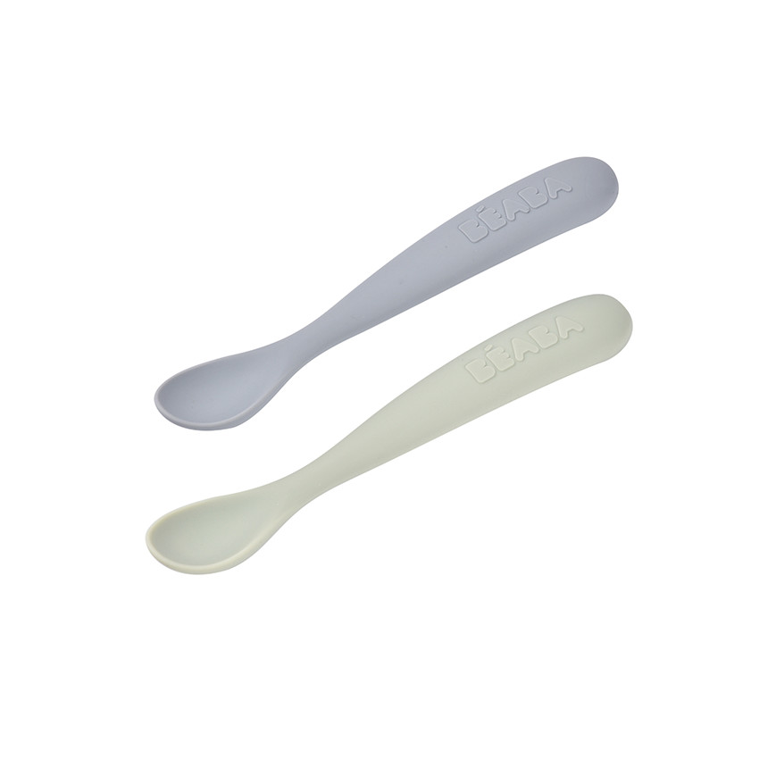 Lot de 2 cuillères en silicone galet/vert + boîte de transport 