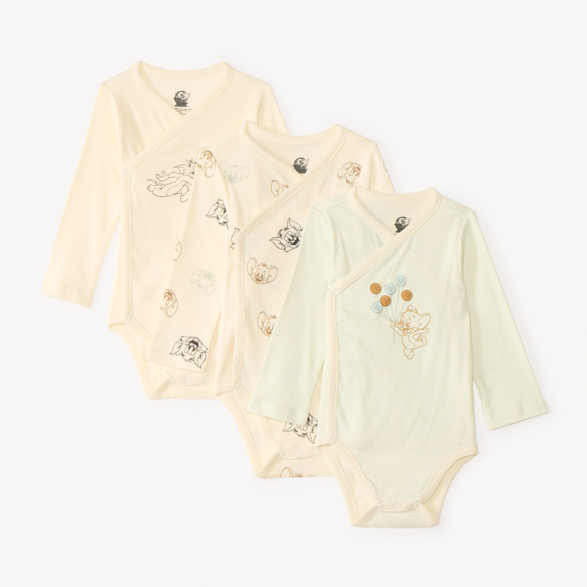 Lot de 3 bodies manches longues Tom & Jerry Warner pour bébé garçon avec ouvertures différentes selon l'âge