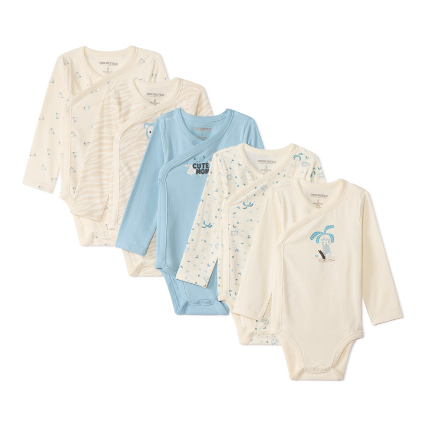 Lot de 5 bodies manches longues fantaisie pour bébé garçon avec ouvertures différentes selon l'âge