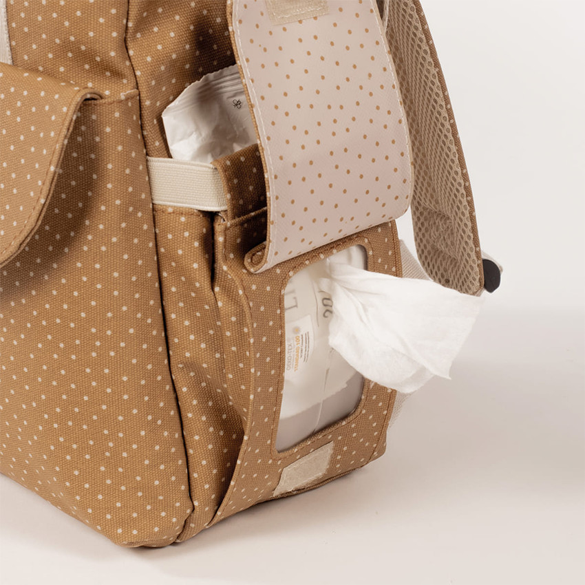 Sac à dos à langer imprimé pois Poppy + tapis cannelle 