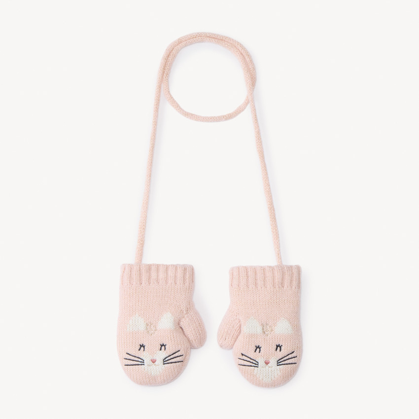 Moufles reliées motif chat en tricot pour bébé fille 