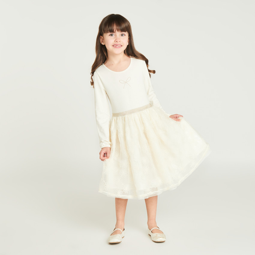 Robe manches longues effet 2 en 1 en tulle brodé pour fille