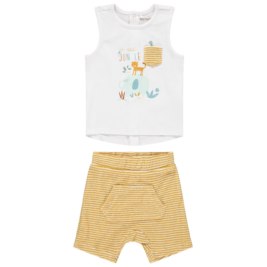Ensemble avec débardeur motif jungle et bermuda en éponge rayé 