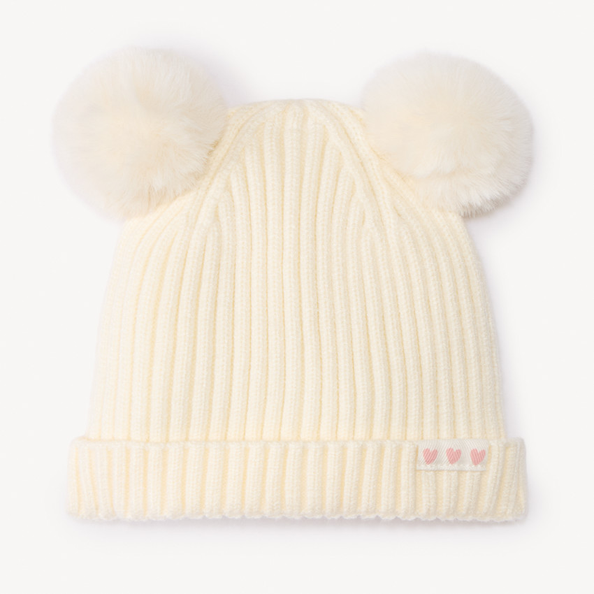 Bonnet en tricot côtelé avec pompons pour bébé fille