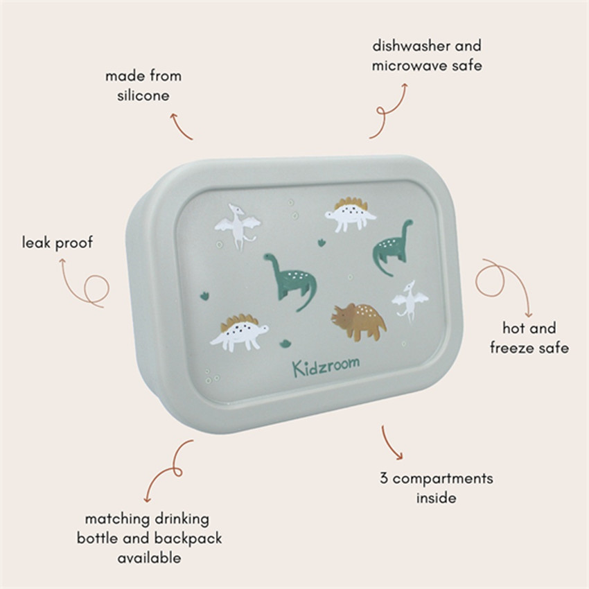 Lunchbox Silicone 3 compartiments Dinosaures Vert 