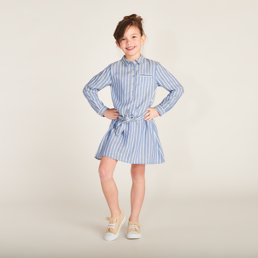 Robe chemise manches longues à rayures avec ceinture pour fille