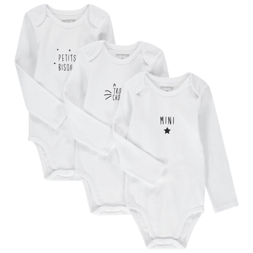 Lot de 3 bodies manches longues unis à message printé pour bébé fille 