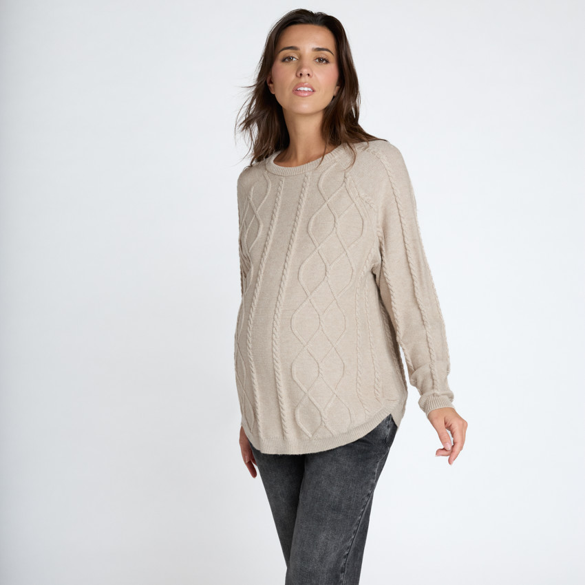 Pull manches longues uni en tricot torsade pour femme