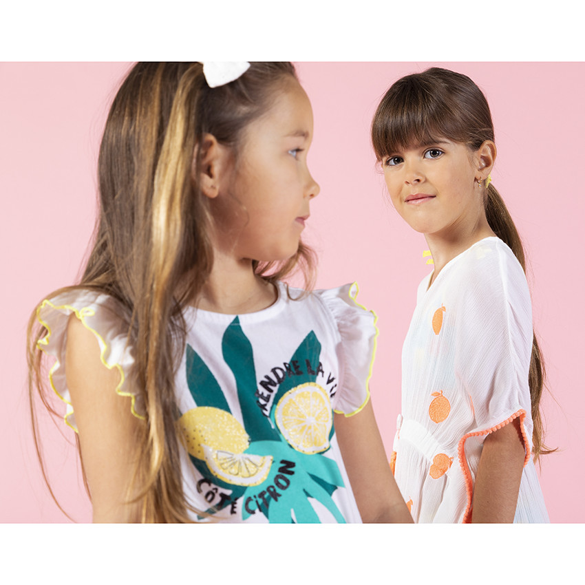 Robe manches courtes en coton à rayures et fruits printés 