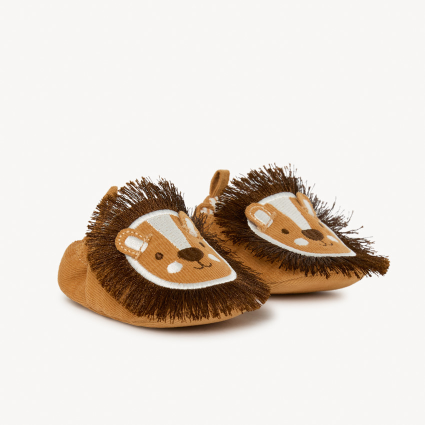 Bottillons en velours marron ludique lion pour bébé garçon