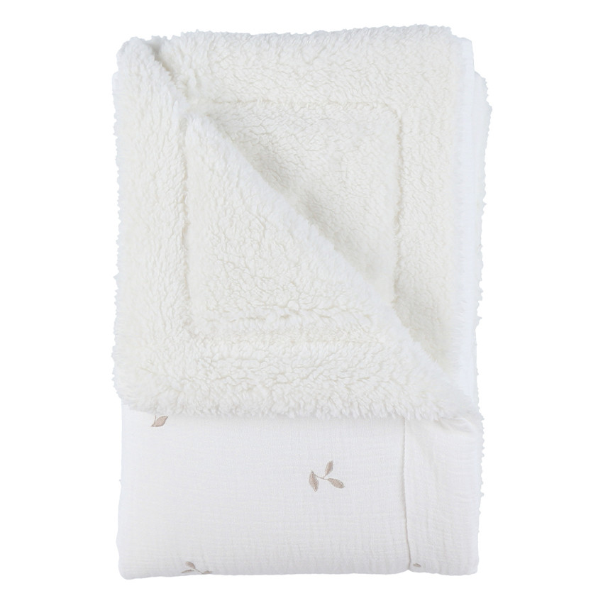 Couverture brodée feuille 100x140 Mousseline & Sherpa Blanc 