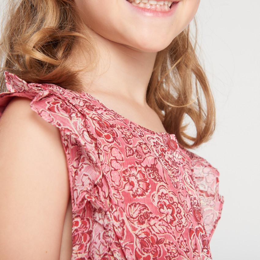 Robe manches courtes volanté et imprimé rose pour fille  