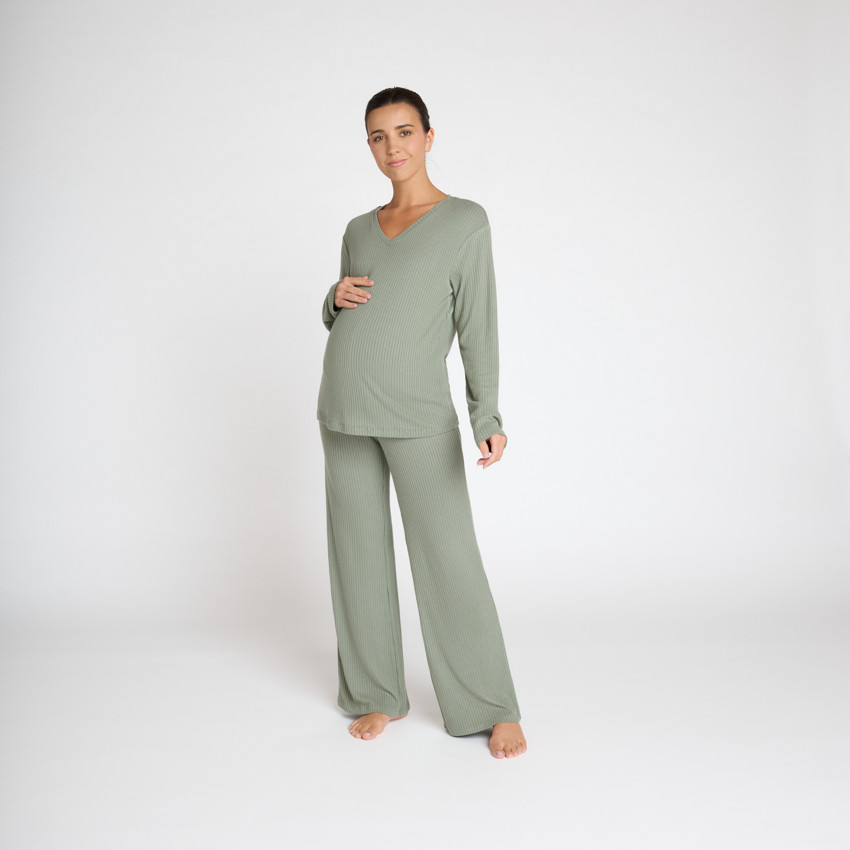 Set pyjama de grossesse uni en maille côtelée