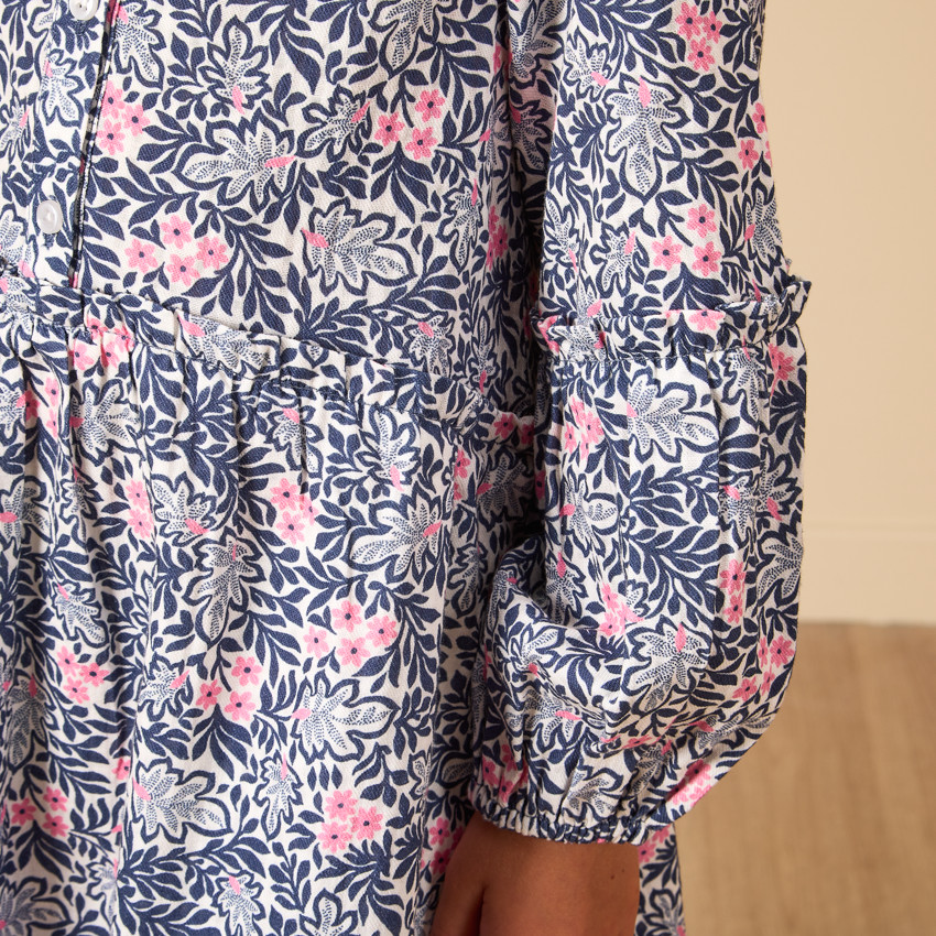 Robe manches longues en gaze de coton imprimé fleuris pour fille 