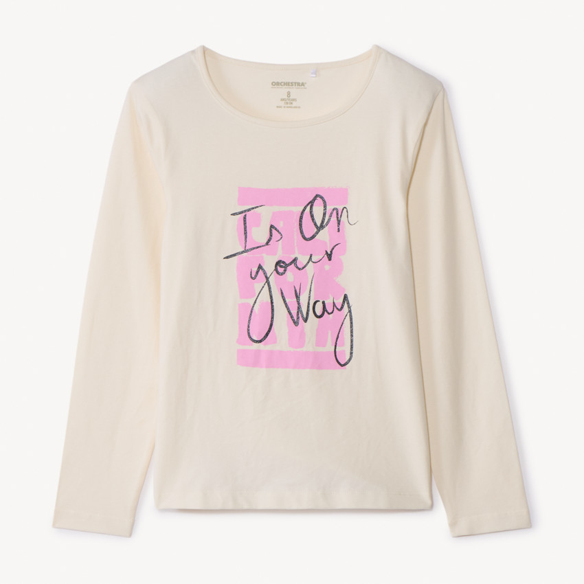 T-shirt manches longues à print pailleté pour fille - Ecru