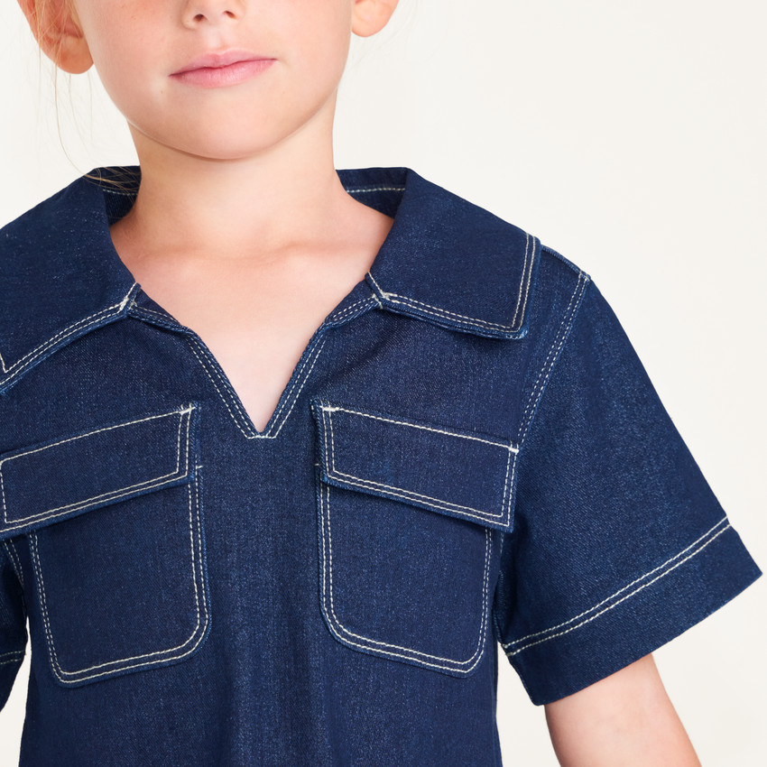 Robe en denim fille manches courtes et col V 