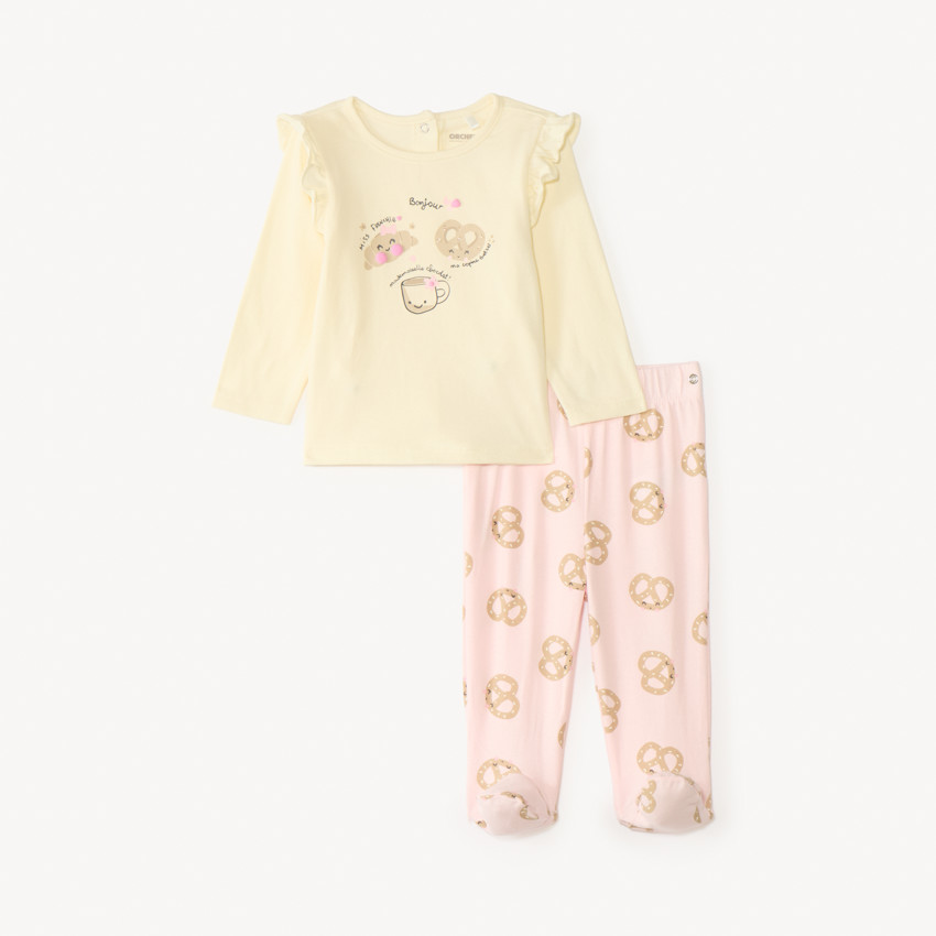 Set 2 pièces de pyjama t-shirt + pantalon motif breakfast pour bébé fille avec finitions différentes selon l'âge