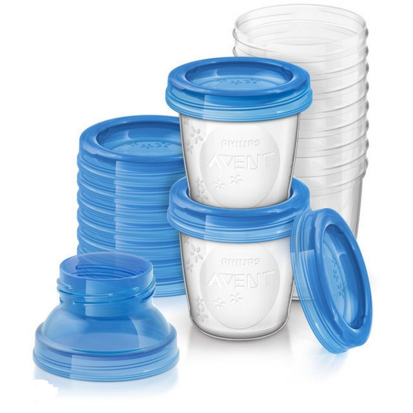 Avent - Pots de conservation pour lait maternel - 10 pots + 10 couvercles - Μπλε