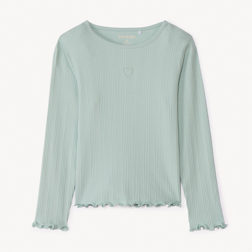 T-shirt manches longues côtelé brodé cœur pour fille