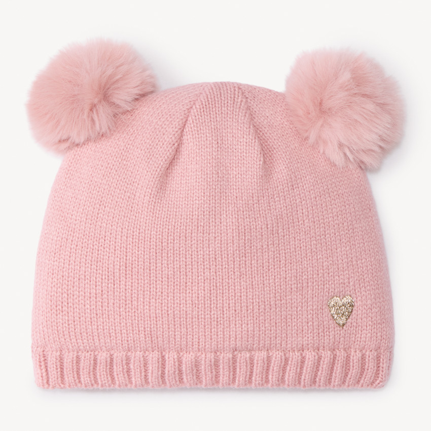 Bonnet à pompons fantaisie et cœur brodé pour bébé fille