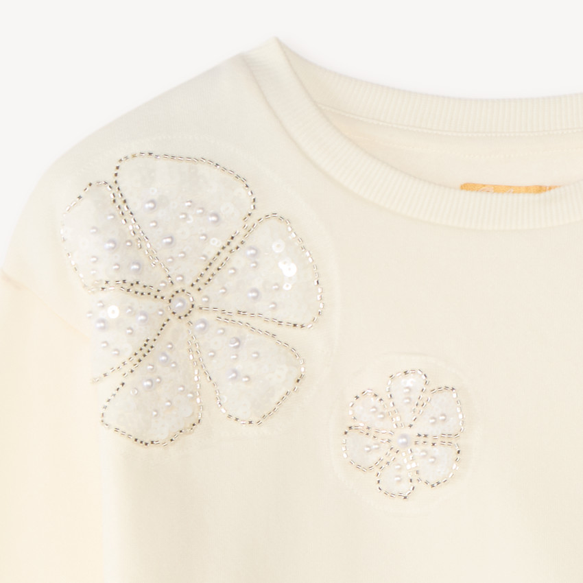 Sweat fille en molleton motif fleurs en perles 