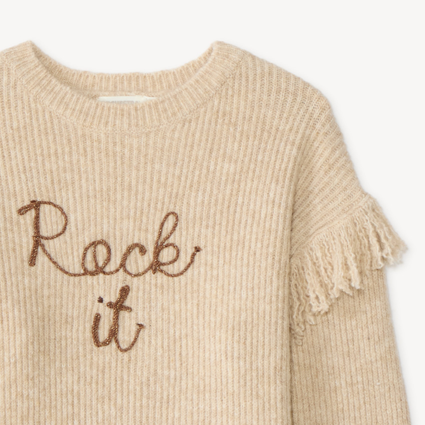 Pull tricot fille à franges lettrage en cording 
