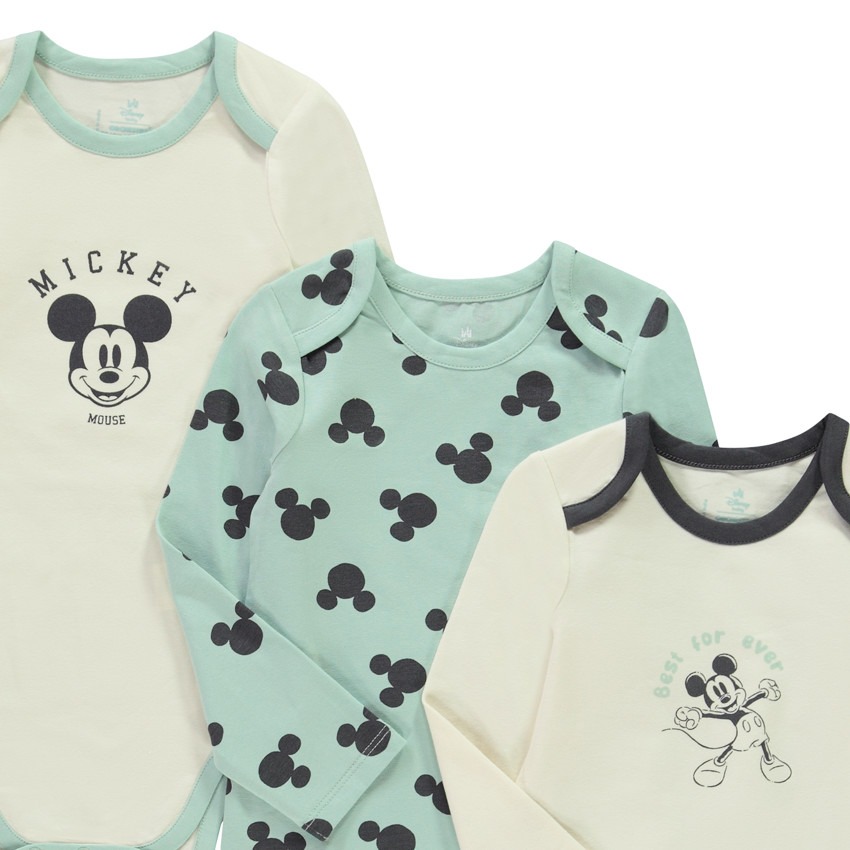 Lot de 3 bodies manches longues Mickey Disney pour bébé garçon avec ouvertures différentes selon l'âge 