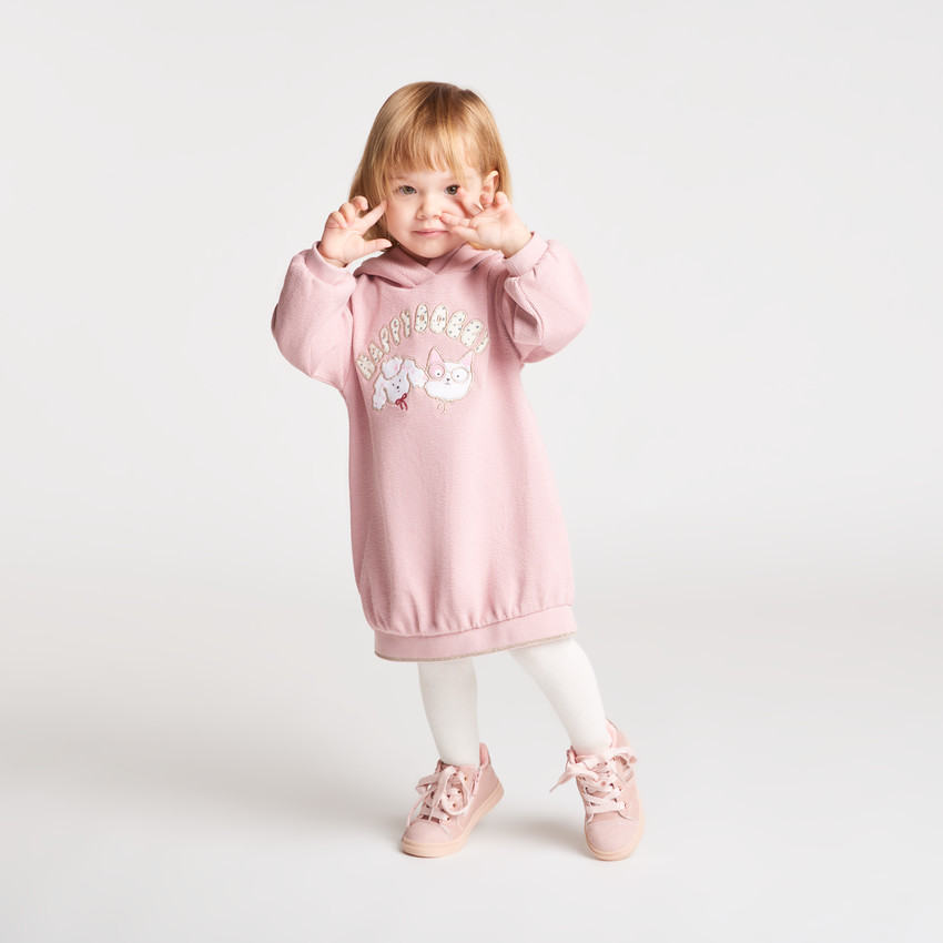 Robe sweat bébé fille à capuche motif chien et chat 