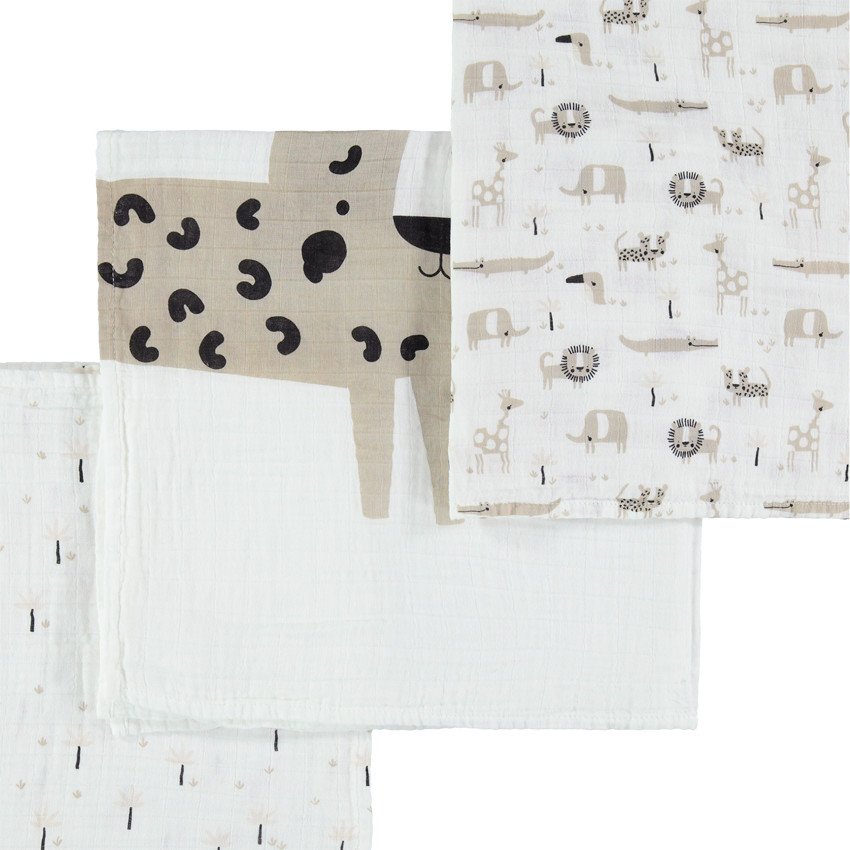Lot de 3 langes en coton bio imprimées animaux de la jungle 