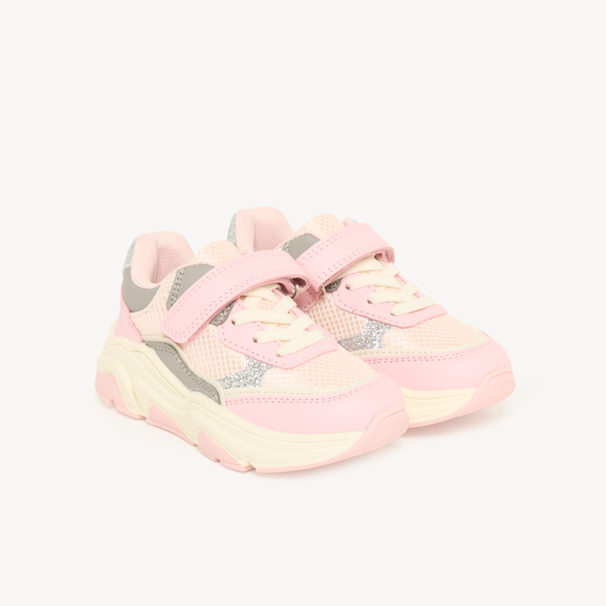 Baskets de sport bébé fille à scratch roses et pailletées 