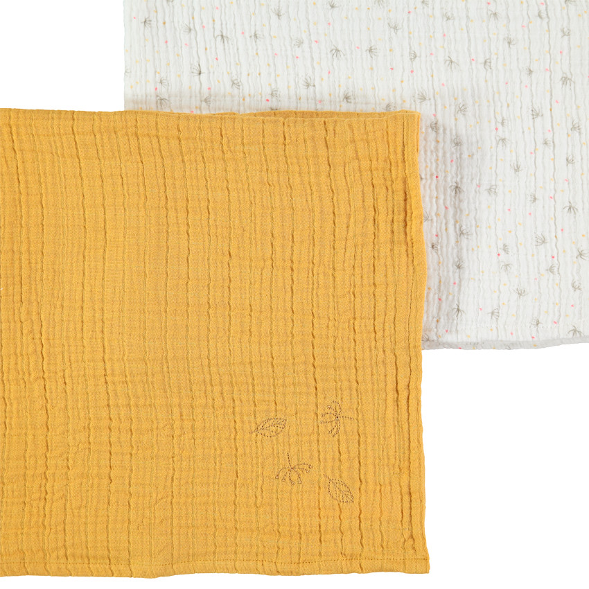 Lot de 2 langes en gaze de coton moutarde et imprimé feuilles   