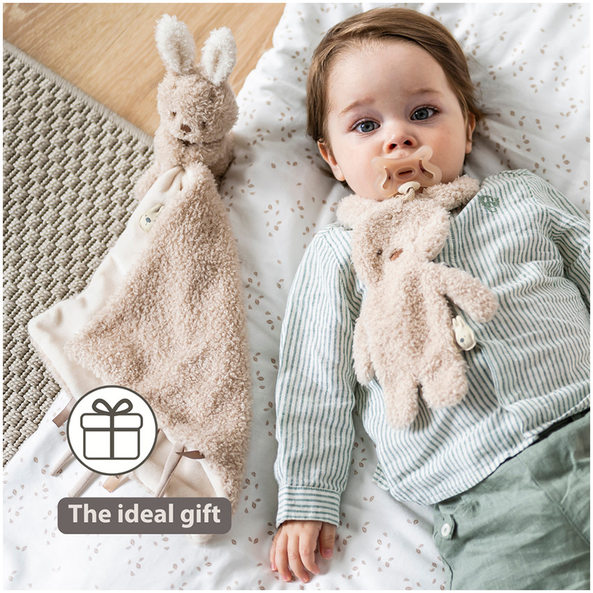 Doudou attache-sucette Lapin Teddy bouclette Beige 