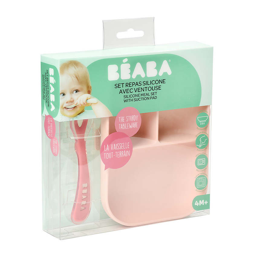 Set repas compartimenté en silicone avec ventouse - Rose 