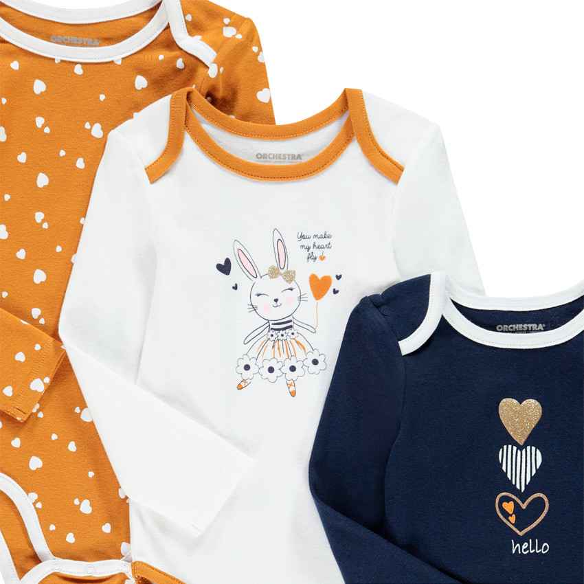 Lot de 5 bodies manches longues motifs coeurs et lapin pour bébé fille 