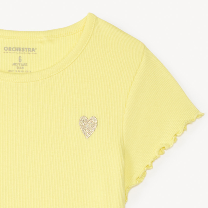 T-shirt manches courtes en maille côtelée uni broderie cœur pour fille 