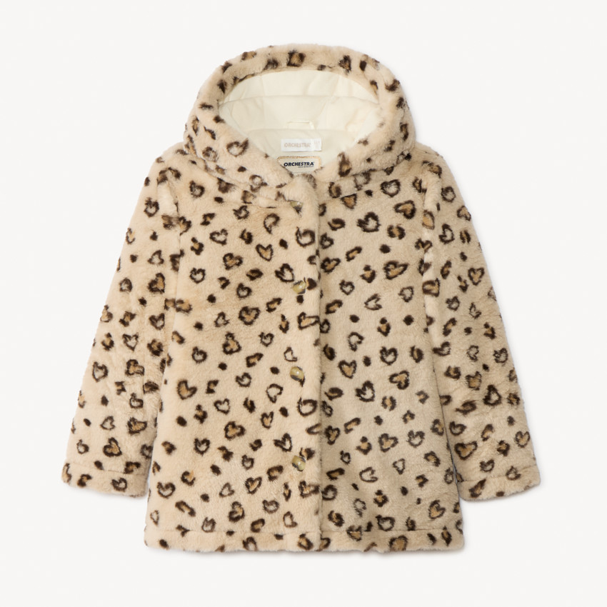 Manteau en fausse-fourrure léopard avec capuche pour fille