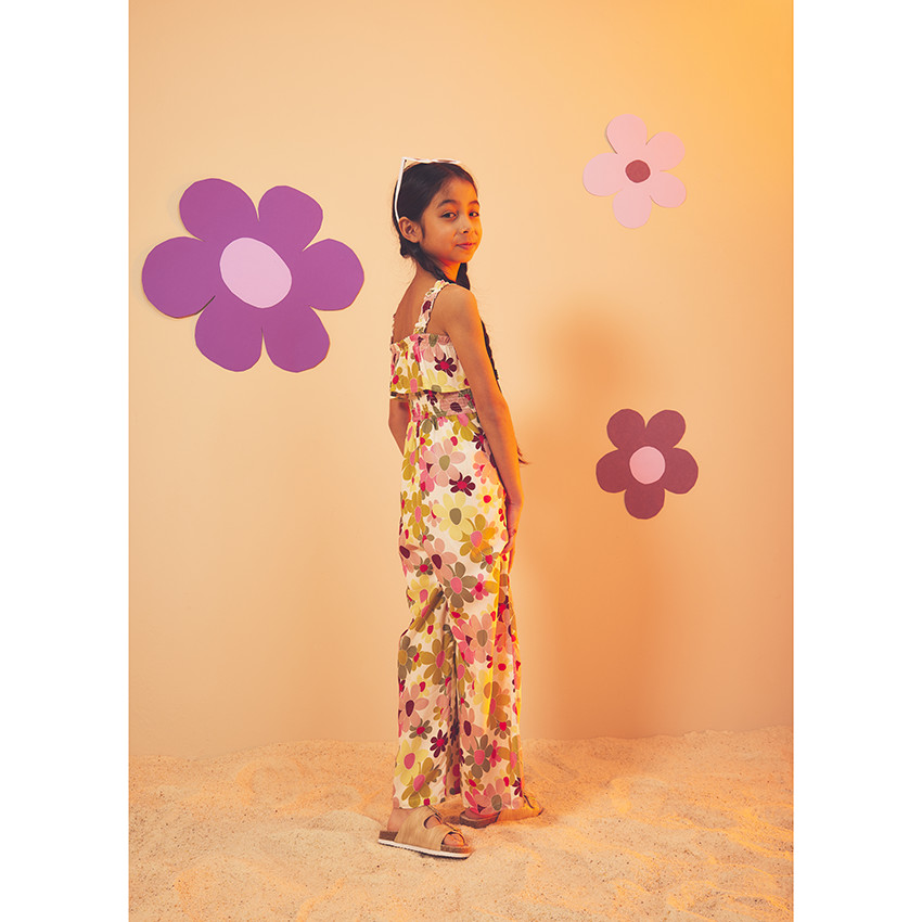 Combinaison longue volantée à smock imprimé fleurs pour fille 