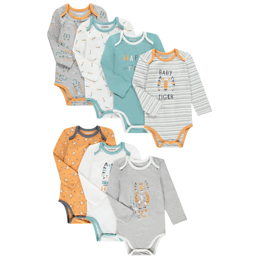 Lot de 7 bodies manches longues imprimé tigres pour bébé garçon 