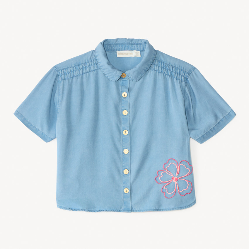 Chemise manches courtes épaules smockées fleurs en cording pour fille