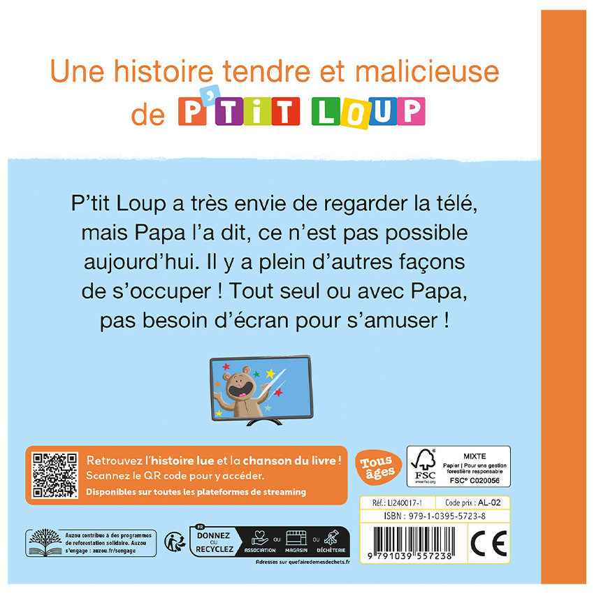 Livre "P'tit Loup passe une journée sans écran" 2ans+ 